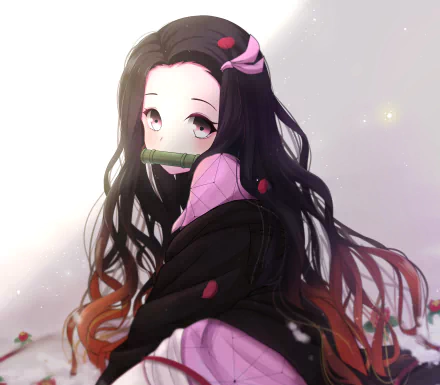 HD desktop wallpaper featuring Nezuko Kamado from the anime Demon Slayer: Kimetsu no Yaiba. Nezuko, with her pink eyes and bamboo gag, is captured in a light, ethereal background.