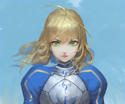 HD PC desktop wallpaper: anime portrait of Artoria Pendragon (Saber, Fate/Stay Night: Unlimited Blade Works) — blonde hair, green eyes, blue armor on a soft blue background.
