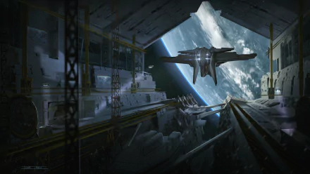 HD PC desktop wallpaper featuring a sci-fi spaceship approaching a massive hangar with a planet visible in the background.