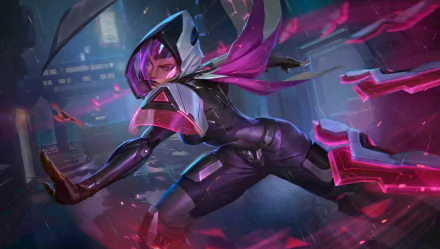 4K Ultra HD PC desktop wallpaper of Irelia from League of Legends, hooded cyberpunk warrior in a purple suit, dynamic pose with glowing blade shards against a neon city backdrop.