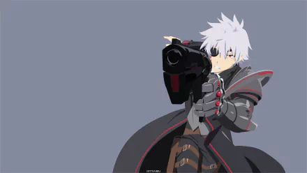 HD desktop wallpaper featuring Hajime Nagumo from Arifureta Shokugyou de Sekai Saikyo holding a revolver, with white hair and a focused expression against a plain grey background.