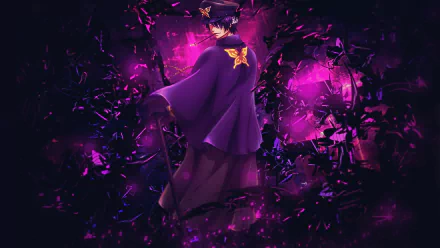 Shinsuke Takasugi from Gintama in a purple cloak, surrounded by glowing magenta shards and dark shattered glass — anime HD PC desktop wallpaper/background.