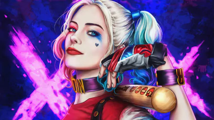 4K Ultra HD wallpaper of Harley Quinn from DC Comics, featuring her blonde hair, blue eyes, vibrant lipstick, and a baseball bat over her shoulder against a vivid background.