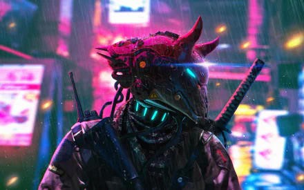 Sci-fi cyberpunk HD wallpaper featuring a cyborg warrior with neon lights and a futuristic urban backdrop.