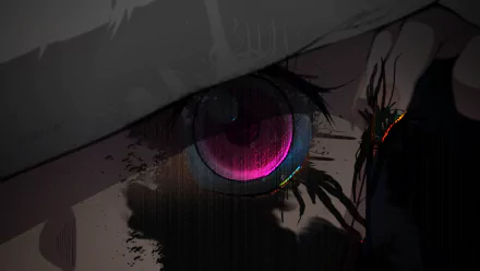 Close-up view of a striking eye with vibrant colors, inspired by the anime Demon Slayer: Kimetsu no Yaiba, designed as a HD PC desktop wallpaper.