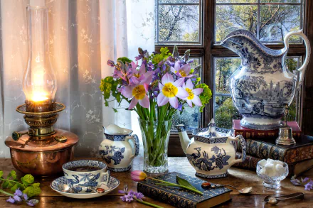 teacup book window flower vase kerosene lamp teapot photography still life HD Desktop Wallpaper | Background Image