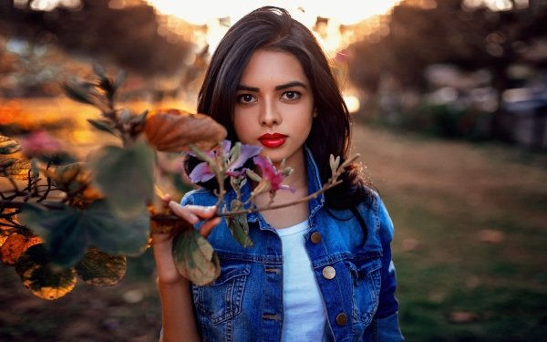Women Model Depth Of Field Lipstick Brown Eyes Black Hair HD Wallpaper | Background Image