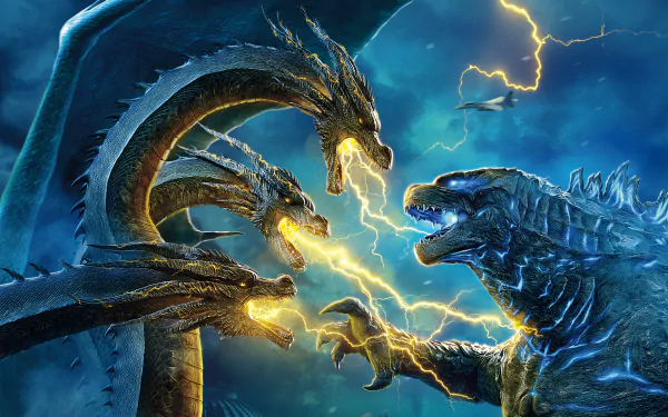 HD PC desktop wallpaper featuring King Ghidorah and Godzilla locked in an epic battle from the movie Godzilla: King of the Monsters.