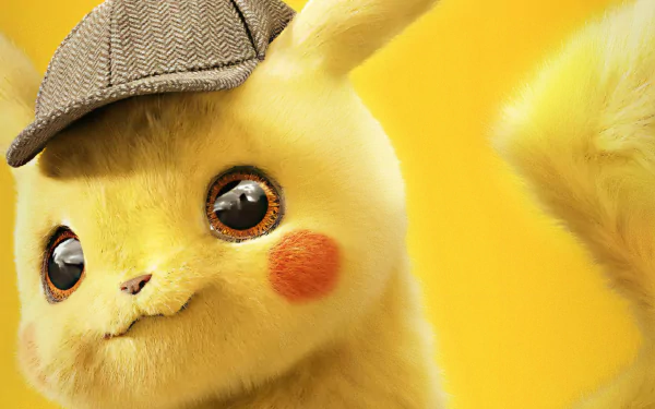 Close-up HD desktop wallpaper of Pikachu wearing a detective hat from the Pokémon Detective Pikachu movie, showcasing detailed fur and expressive eyes.