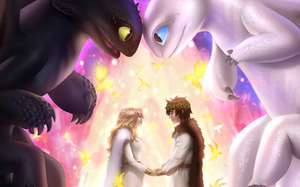 4K Ultra HD wallpaper featuring Toothless and the Light Fury dragons alongside Hiccup and Astrid from How to Train Your Dragon: The Hidden World movie.