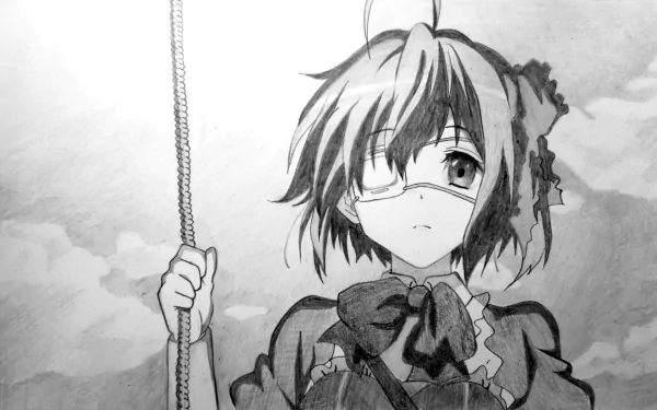 Black and white 4K Ultra HD desktop wallpaper featuring Rikka Takanashi from the anime Love Chunibyo & Other Delusions, showcasing her iconic eyepatch and ribbon.