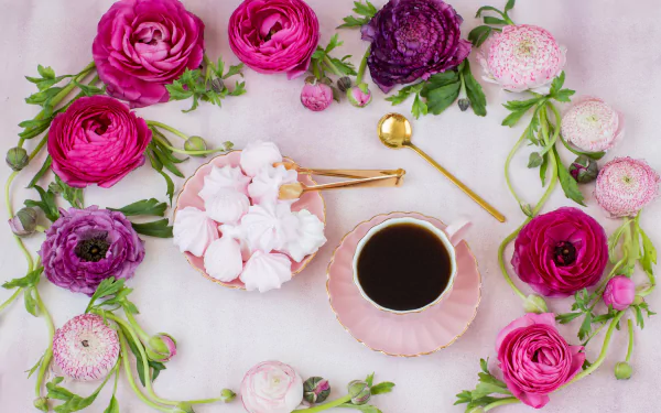 pink flower cup flower still life buttercup meringue food tea HD Desktop Wallpaper | Background Image