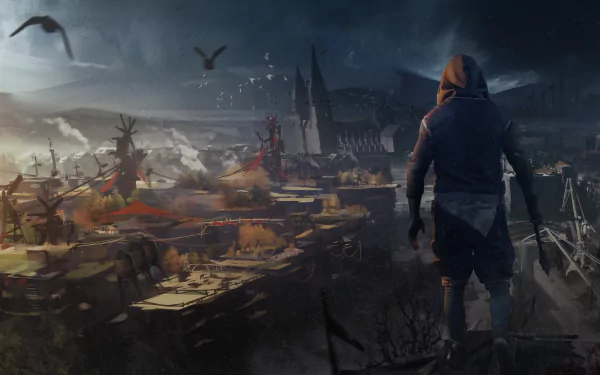 Dying Light 2: Stay Human video game 4K Ultra HD PC desktop wallpaper — hooded survivor on a ledge overlooks a ruined city under a stormy sky, crows circling.