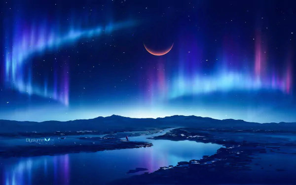 A stunning HD fantasy landscape wallpaper featuring a crescent moon, a starry night sky, and vibrant northern lights reflecting in a serene body of water.
