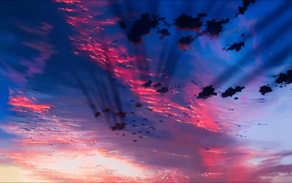 HD desktop wallpaper featuring a scenic sky from the anime film The Place Promised In Our Early Days, showcasing vibrant hues of pink, purple, and blue with scattered clouds and radiant sun rays.