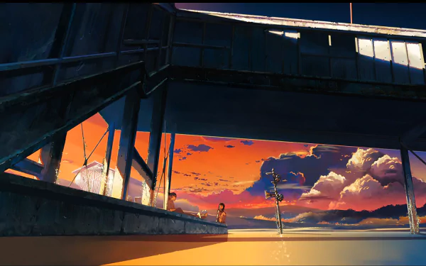 HD desktop wallpaper featuring a scene from The Place Promised in Our Early Days anime, showcasing a striking sunset with vivid colors behind a building and water, creating a serene, atmospheric setting.