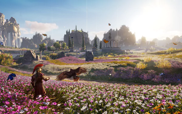 4K Ultra HD PC desktop wallpaper featuring a vibrant landscape from the video game Assassin's Creed Odyssey, with a character and eagle amidst blooming wildflowers.