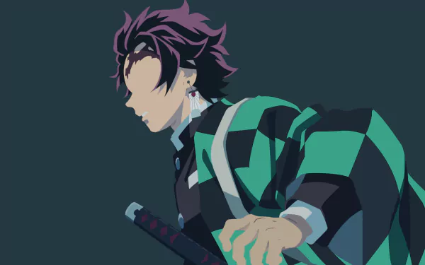 Minimalist HD wallpaper featuring Tanjiro Kamado from Demon Slayer: Kimetsu no Yaiba, showcasing his earrings and scar, with a solid dark background.