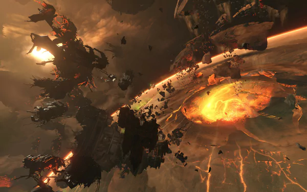 4K Ultra HD PC desktop wallpaper of DOOM Eternal featuring a fiery, apocalyptic space scene with floating debris and a glowing cratered planet.