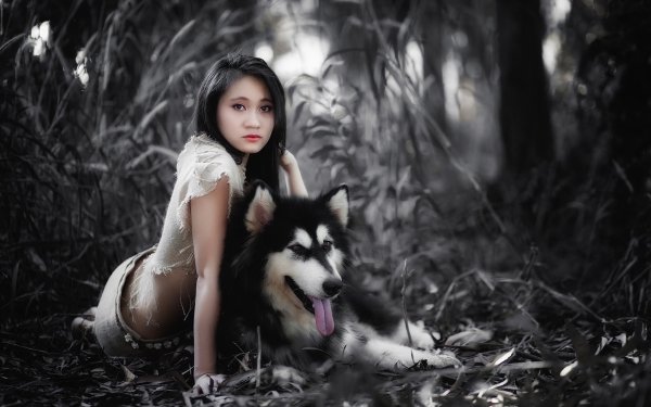Women Asian Dog Husky Model Black Hair HD Wallpaper | Background Image