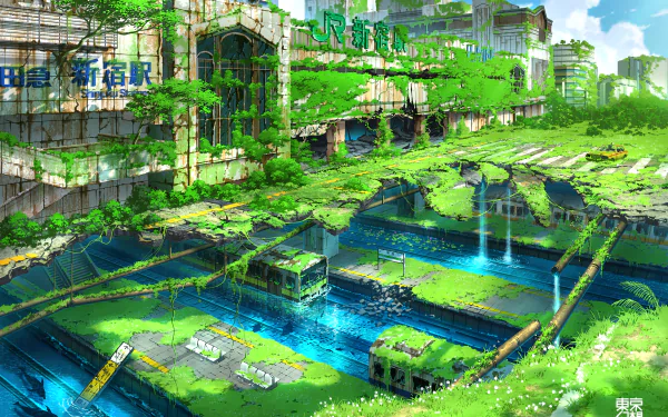 Anime HD wallpaper depicting a post-apocalyptic city in ruins, overtaken by nature. Bright green vegetation covers the decayed buildings and remnants of infrastructure, highlighting the scene's contrast.