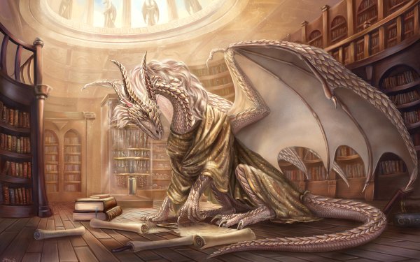 Fantasy Dragon Book Library HD Wallpaper | Background Image