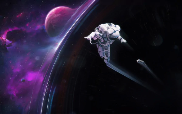 An HD wallpaper featuring an astronaut drifting near a black hole in space, with a vibrant purple nebula and distant planets in the background, creating a captivating Sci-Fi scene.