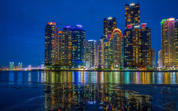 reflection South Korea skyscraper city night building man made Busan HD Desktop Wallpaper | Background Image