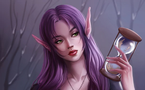 Fantasy-themed HD desktop wallpaper featuring an elf with pointed ears, long purple hair, green eyes, and an hourglass in a mystical forest setting.