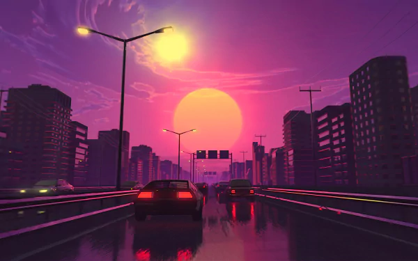 A retro wave HD desktop wallpaper featuring a neon cityscape at sunset, with cars driving on a wet road under a pink and purple sky.