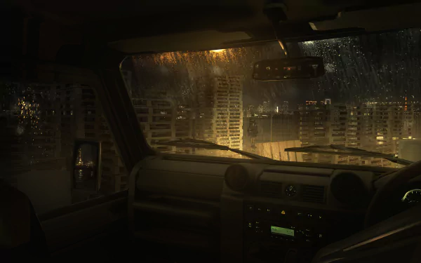 HD anime-style desktop wallpaper depicting a view from inside a car on a rainy night, overlooking illuminated city buildings.