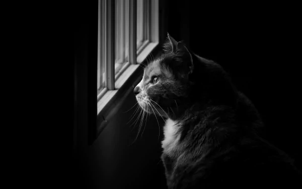 Monochrome HD desktop wallpaper featuring a cat gazing thoughtfully out a window, capturing a serene and contemplative moment.