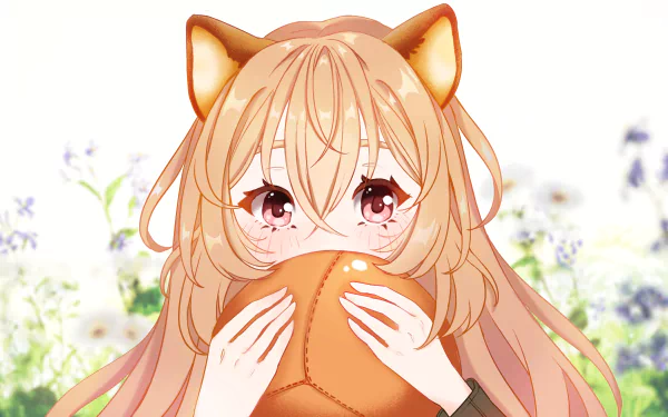 4K Ultra HD anime wallpaper featuring Raphtalia from The Rising of the Shield Hero holding a soft, brown object with a floral background.