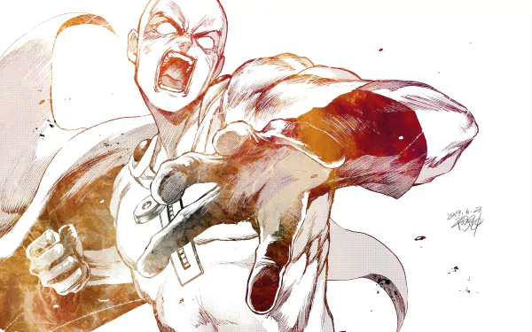 A dynamic 8K Ultra HD wallpaper featuring Saitama from One-Punch Man, showcasing his intense expression and iconic pose against a vibrant, abstract background.