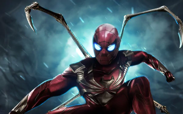 Iron-Spider in a dynamic pose with glowing blue eyes and mechanical spider legs, featured in a 4K Ultra HD PC desktop wallpaper inspired by Spider-Man comics.