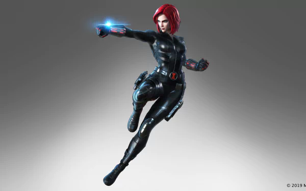 Black Widow from Marvel Ultimate Alliance 3: The Black Order in dynamic action pose, rendered as an 8K Ultra HD PC desktop wallpaper and background.