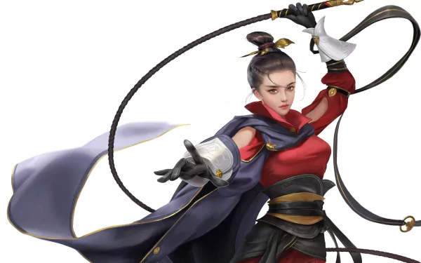 HD fantasy PC wallpaper featuring an Asian woman warrior in dynamic pose wielding a whip, dressed in red and black battle attire.