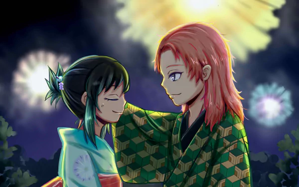 Makomo and Sabito from Demon Slayer: Kimetsu no Yaiba share a gentle moment beneath glowing fireworks — anime HD PC desktop wallpaper/background.