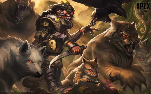 HD PC desktop wallpaper featuring Bloodhound from the video game Apex Legends, surrounded by animals in a dynamic and intense scene.