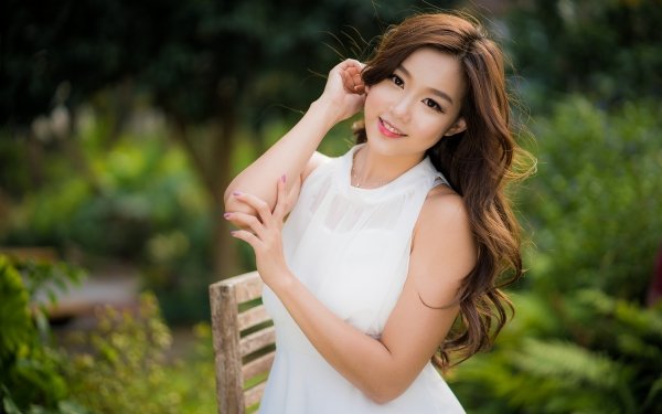 Women Asian Smile Model Long Hair Brunette White Dress HD Wallpaper | Background Image