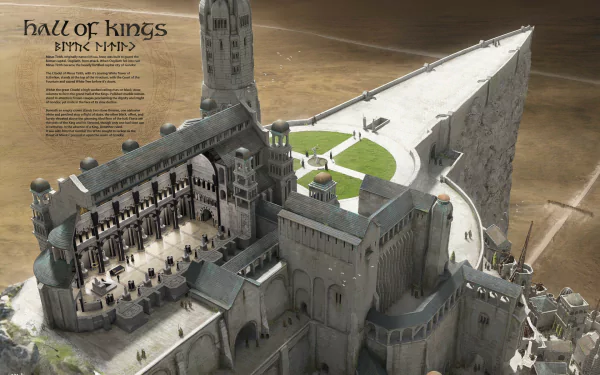 Cross-section HD PC desktop wallpaper of Minas Tirith from The Lord of the Rings, showcasing the detailed Hall of Kings and fortress architecture in a fantasy setting.