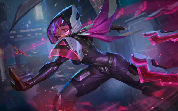 4K Ultra HD PC desktop wallpaper of Irelia from League of Legends, hooded cyberpunk warrior in a purple suit, dynamic pose with glowing blade shards against a neon city backdrop.