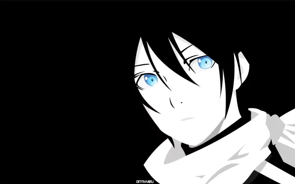 Minimalist portrait of Yato (Noragami): pale face, striking blue eyes, black hair and white scarf against a solid black backdrop — 4K Ultra HD PC desktop wallpaper/background.