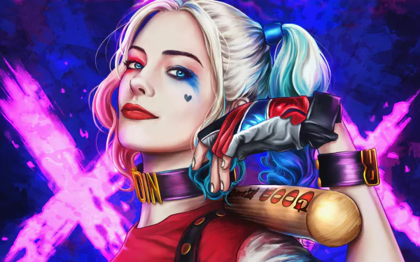 4K Ultra HD wallpaper of Harley Quinn from DC Comics, featuring her blonde hair, blue eyes, vibrant lipstick, and a baseball bat over her shoulder against a vivid background.
