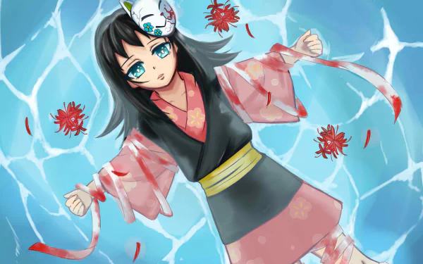 Makomo from Demon Slayer: Kimetsu no Yaiba — anime HD desktop wallpaper of Makomo floating in blue water in a pink kimono and fox mask, ribbons and red petals swirling around her.