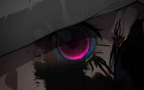 Close-up view of a striking eye with vibrant colors, inspired by the anime Demon Slayer: Kimetsu no Yaiba, designed as a HD PC desktop wallpaper.