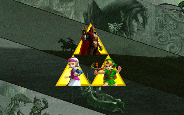 HD PC desktop wallpaper showing Link and Princess Zelda inside Triforce panels, set against a muted collage of Hyrule scenes in the background.