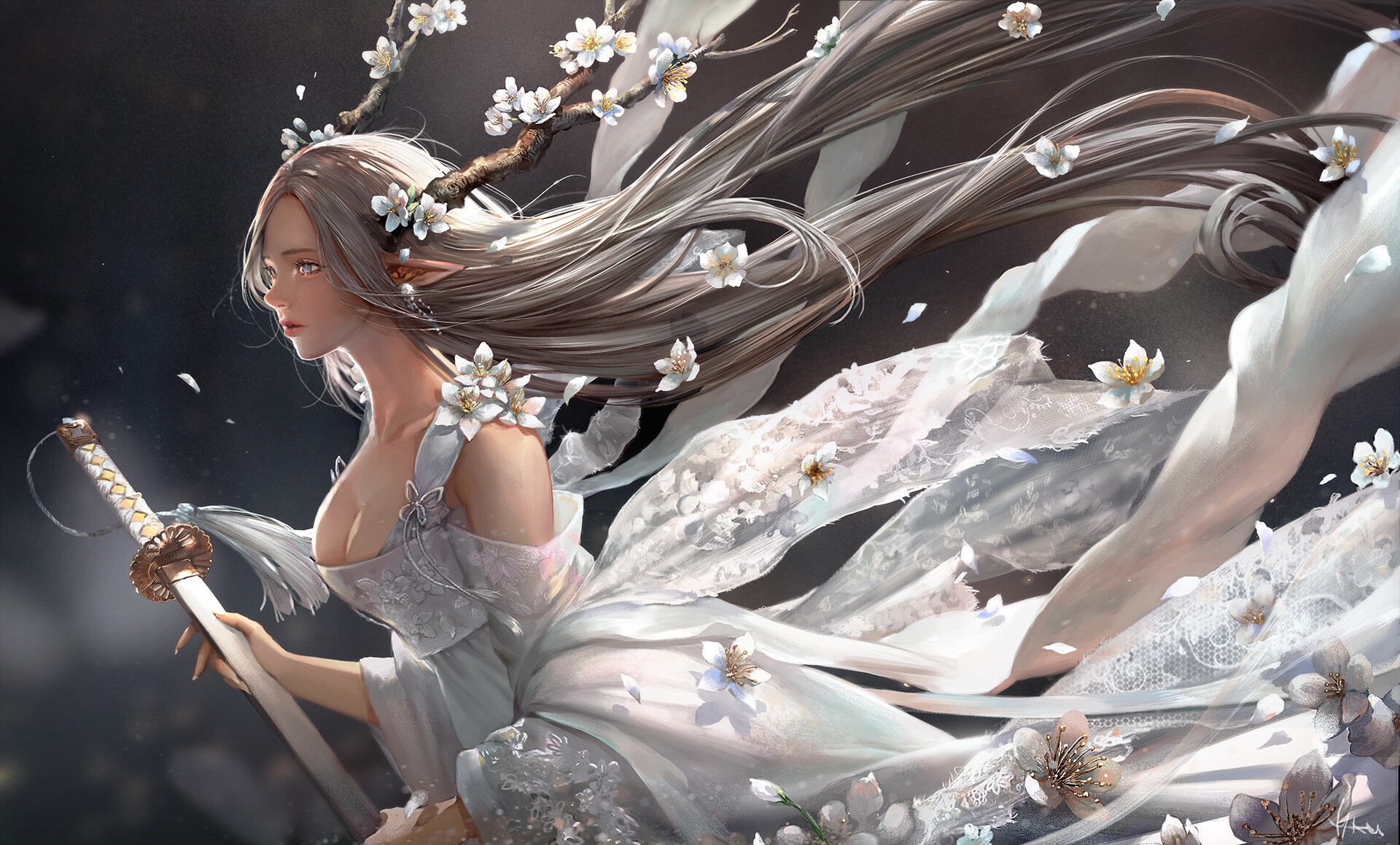 Download Long Hair Sword Blonde Flower Fantasy Elf HD Wallpaper by MAHO