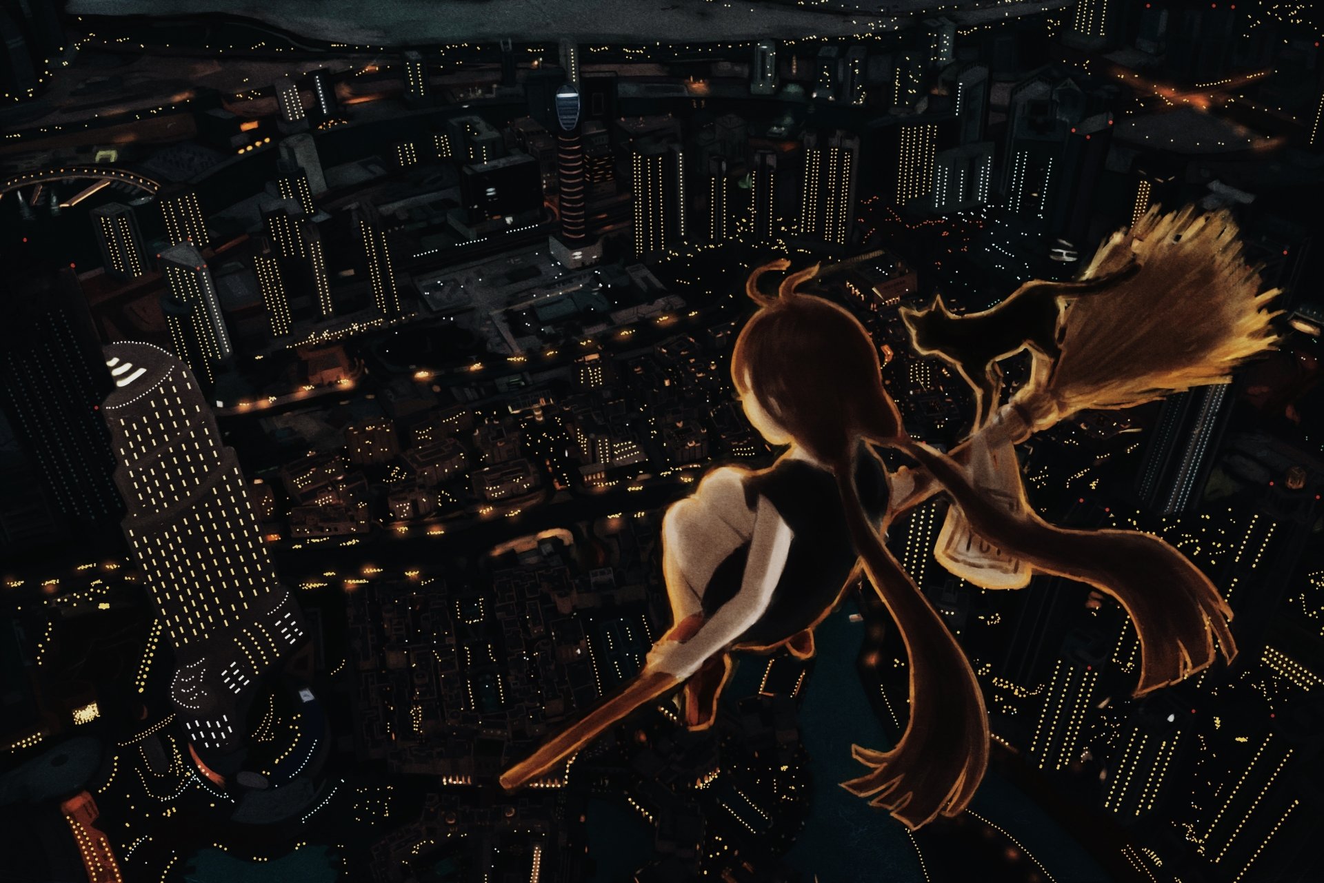 Anime-style original character soaring over a glowing cityscape at night, featured in a 4K Ultra HD PC desktop wallpaper and background.