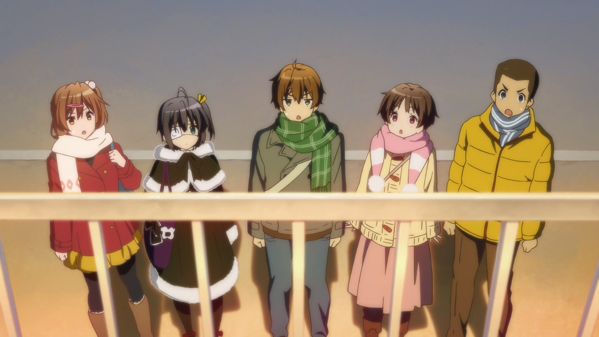 HD desktop wallpaper of Yūta Togashi and Rikka Takanashi with friends from Love, Chunibyo & Other Delusions standing by a railing at dusk, bundled in winter coats and scarves.